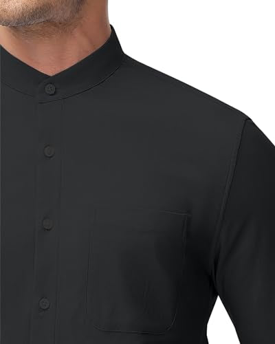 DEMEANOR Men's Collarless Dress Shirt Mandarin Collar Long Sleeve Button Down Shirts Stretch Tops with Pocket Black XL