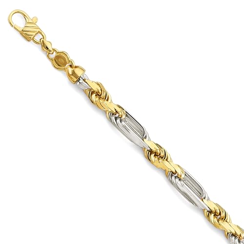 14k REAL Two Tone Gold Solid Men's 7.5mm Figarope Chain Bracelet with Lobster Claw Clasp - 9"