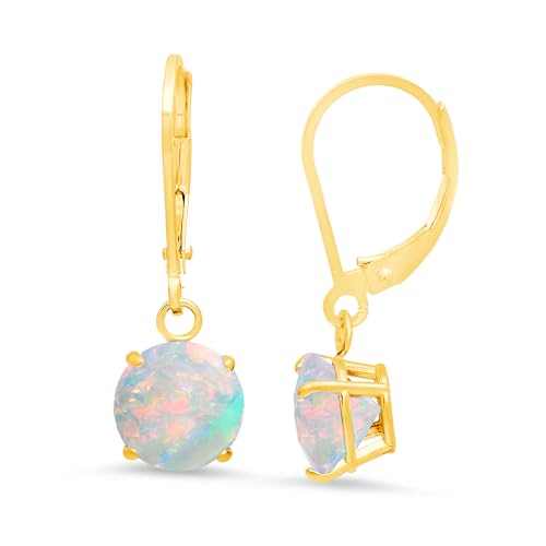Solid 10K Yellow Gold White Opal Earrings for Women | October Birthstone White Dangle Earrings with Leverbacks | 8mm Round Hypoallergenic Gemstone Drop Dangling Earring by MAX + STONE