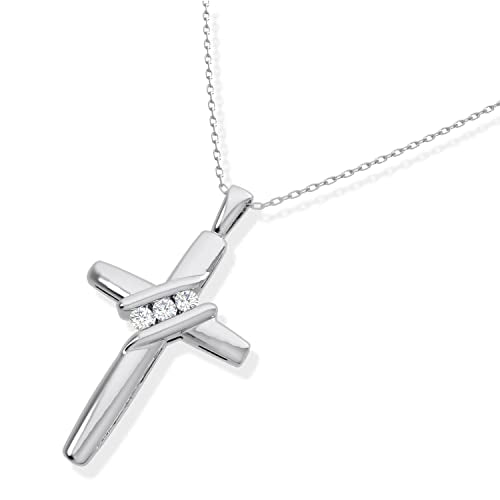 EternalDia 10K Gold Diamond Three-Stone Cross Necklace for Women Men | 18” Chain with Spring Ring Closure | Jewelry Pendant Necklace 0.05cttw, Color I-J, Clarity- I2-I3 | Mothers Day Gift