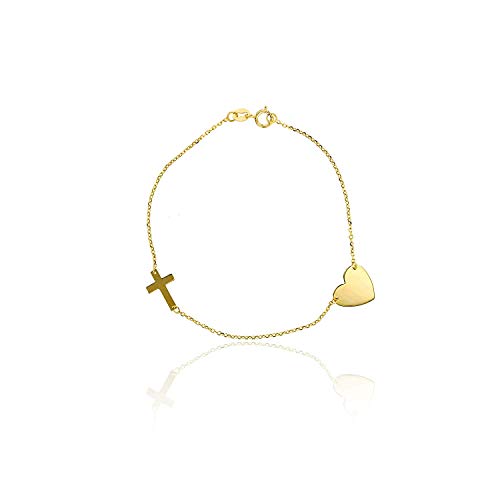 DECADENCE 10K Yellow Gold Diamond Cut Polished Heart Charm and Sideways Cross Bracelet, 7