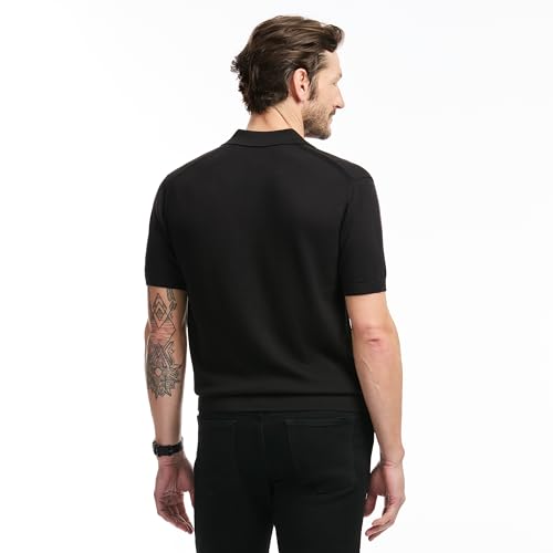 SAKS Fifth Avenue Men's Short Sleeve Rib Knit Sweater Polo, Premium Cotton Blend Knit Top, Classic-Fit & Richly Detailed, Black, XL