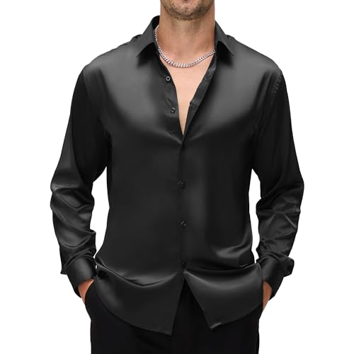WARHORSEE Mens Silk Satin Dress Shirts Shiny Long Sleeve Button Down Shirt Party Prom Wedding Shirt,Black,L