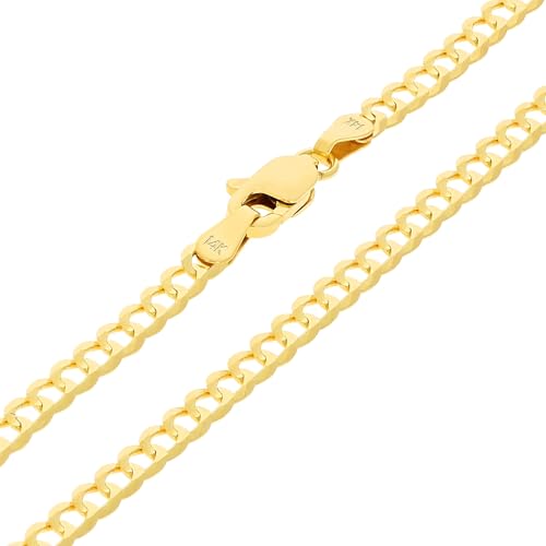 Nuragold 14k Real Yellow Gold Cuban Curb Solid Link Chain Necklace - 3mm - 22"