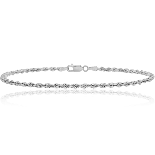 IceCarats 14K Solid White Gold 2mm Thin Rope Chain Bracelet, 8 inch