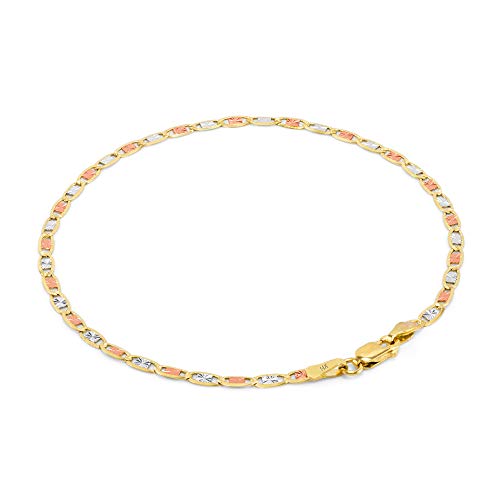 Nuragold 14k Solid Tri Color Gold Valentino 2.6mm Chain Bracelet or Anklet - 7"