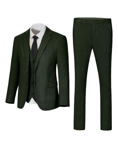 Retro 3 Piece Suit Tweed Herringbone Men's Suits Slim Fit Groom Tuxedos Set Prom Brown Grey Jacket Blazer Vest Pants Green L