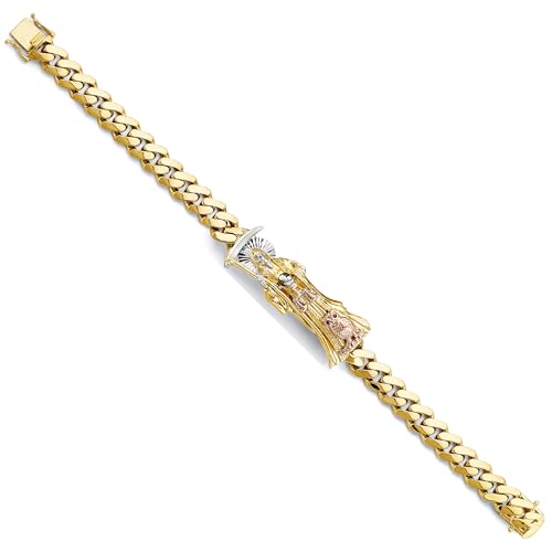 14k Tri Color Gold Cuban Link Santa Muerte ID Bracelet - 8.5"
