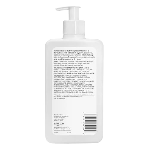 Amazon Basics Hydrating Facial Cleanser, Fragrance Free, with Ceramides, Non-Comedogenic, 12 Fl Oz, Pack of 1