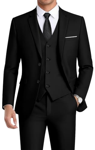 WEEN CHARM Suits for Men,3 Piece Slim Fit Suit Set with 2-Button Blazer,Vest,Pants,Tuxedo for Wedding,Prom,Party,Business Black