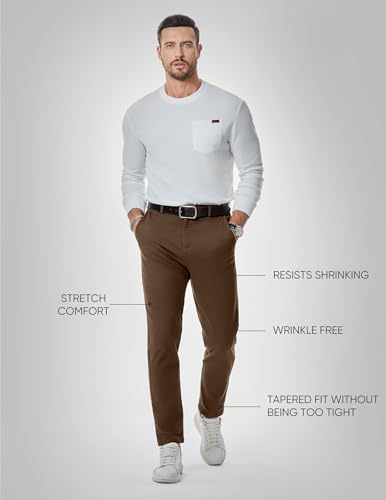 JMIERR Men's Stretch Chino Pants Business Casual Essentials Elastic Waist Classic Fit Tapered Cotton Twill Work Athletic Golf Dress Chocolate Brown Trousers, M, Coffee