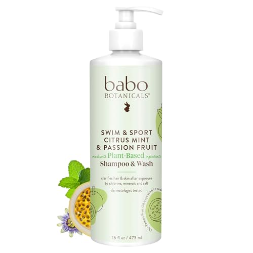 Babo Botanicals Swim & Sport Citrus Mint & Passion Fruit Shampoo & Wash - Purifying Cleanser for hair & body- Removes chlorine & sweat - For all ages - Scented with Citrus & Peppermint Oil - 16 Fl Oz