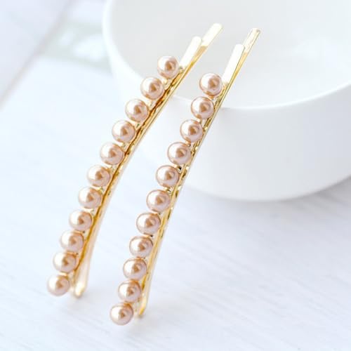 2 Pcs Shell Pearl Hair Barrettes for Women Gold Plated Elegant Simple Row Pearls Bobby Pins Decorative Hair Pins Non-Slip Hair Accessories for Bangs Half Up Hair Accessories 3.54" (Champagne)