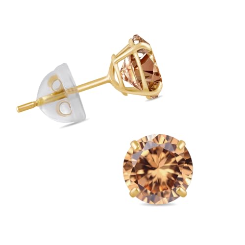 Jewelili 10K Yellow Gold Champagne Cubic Zirconia Stud Earrings for Women