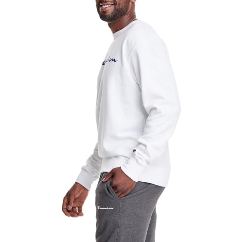 Champion Men's Crewneck Fleece Sweatshirt, Standard Fit, Midweight, Script Logo, Available in Regular and Big & Tall, White - Classic Script Logo, Large