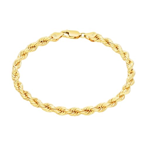 Nuragold 10K Real Yellow Gold Rope Chain Diamond Cut Bracelet Men & Women - 5mm,8.5"