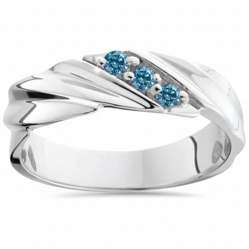 P3 POMPEII3 Pompeii 1/10ct Treated Blue Diamond Mens Three Stone Wedding Ring 14K White Gold - Size 11