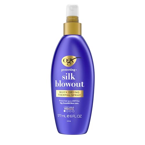 OGX Protecting + Silk Blowout Quick Drying Thermal Protection Spray, Heat Protectant Spray Shields Hair up to 450°F For Soft, Shiny Hair and Big, Beautiful Blowouts, Light Hold, 6 fl. oz