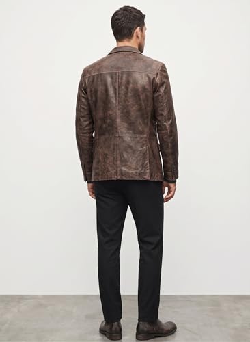RABCHI Men’s Real Lambskin Leather Blazer – Casual 2 Button Sport Coat Jacket, Black Genuine Leather Blazer for Men (US, Alpha, Medium, Regular, Regular, Dark Brown Distressed)