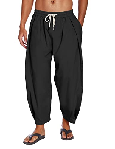 COOFANDY Men's Cotton Linen Harem Pants Drawstring Casual Cropped Trousers Lightweight Loose Beach Yoga Pants with Pockets Black