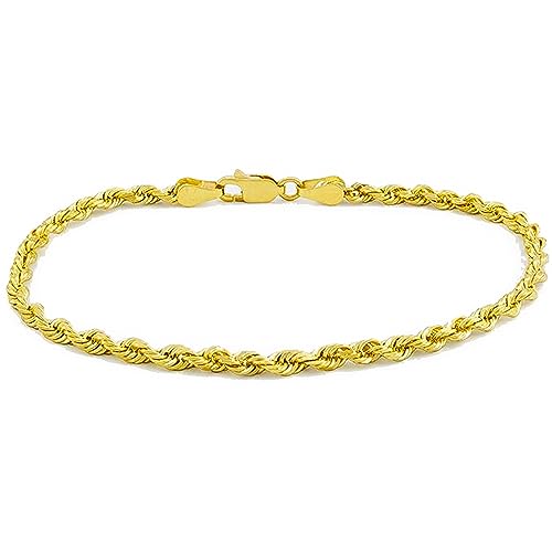 Galaxy Gold GG, 14K Solid Gold Diamond Cut Rope Chain Bracelet, 3mm - 9 Inch (7-9" Available), Fine Jewelry