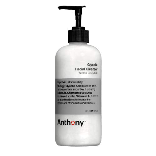Anthony Glycolic Facial Cleanser for Men, Daily Exfoliating & Hydrating Face Wash, Shave Prep, Non-Foaming, Deep Cleansing, Gentle on Sensitive Skin, Removes Dirt & Oil, Smooths Texture, 16 Fl Oz