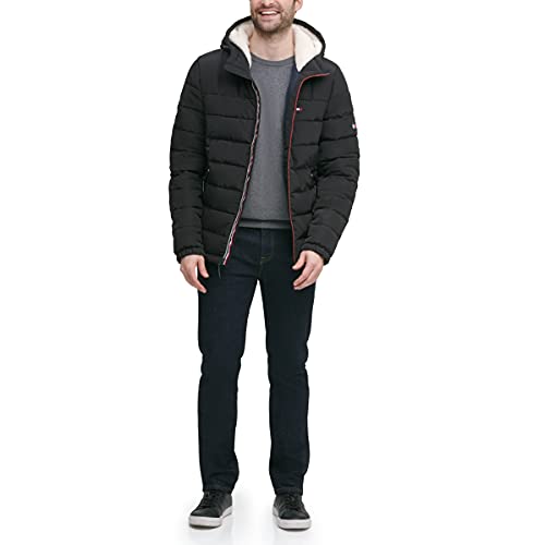 Tommy Hilfiger Men's Midweight Sherpa Lined Hooded Water Resistant Puffer Jacket, Black Tech, Large