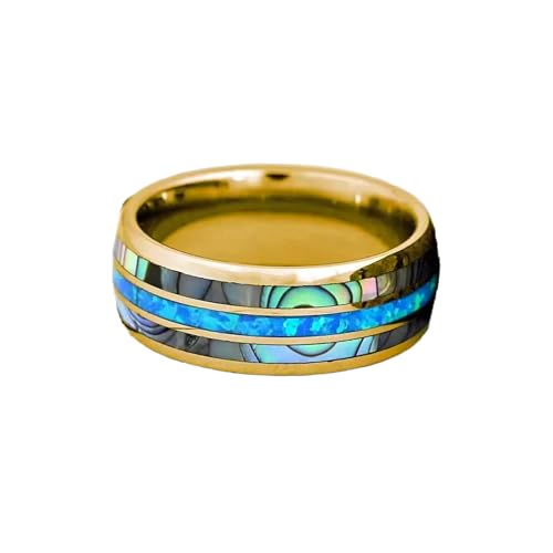 14K Gold Opal Wedding Band Tungsten Rings with Abalone Shell 8mm Yellow Gold Ring Mens Wedding Bands with Ocean Blue Opal Inlay Tropical Engagement and Anniversary Gifts for Couples