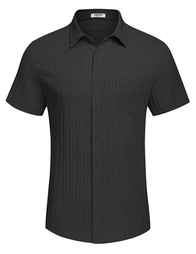 COOFANDY Button Down Shirt Men Short Sleeve Shirt Button Up Shirts for Men Linen Shirts for Men Summer Beach Shirt Black
