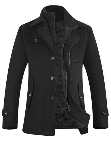 APTRO Men's Pea Coat Jacket Windbreaker Single Breasted Winter Coat 1108 Black L