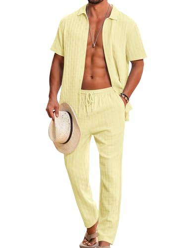 LecGee Men Walking Suits Casual Short Sleeve Shirt and Loose Long Pants Tracksuit 2 Piece Set(Yellow,X-Large)