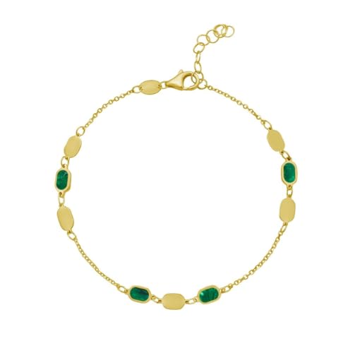 Floreo 14k Yellow Gold Malachite & Mother of Pearl Inlay Links Bracelet Solid Beaded Chain Bracelet, 7.5 Inch, with 0.5" Extender