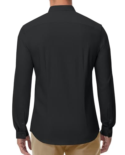 DEMEANOR Men's Collarless Dress Shirt Mandarin Collar Long Sleeve Button Down Shirts Stretch Tops with Pocket Black XL