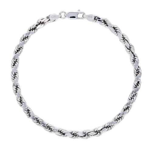 Nuragold 10k Real White Gold 4mm Rope Chain Diamond Cut Bracelet (7"-9") - 7.5"