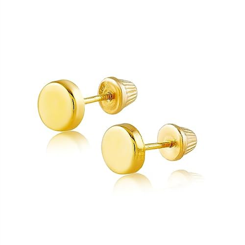 Hoberta Real 14k solid Round Yellow Gold Tiny Circle Stud Earrings with Screw back for Women Girls Men for Sensitive ears Small & Minimalist Dot Studs Jewelry for Gifts (5mm)