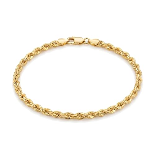 14K Solid Gold Men's Rope Chain Bracelet 7.5 Inches - 4MM Diamond Cut Lobster Clasp - Handcrafted in USA by Galaxy Gold