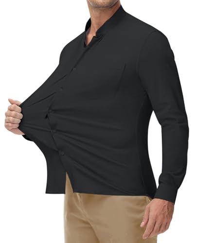 DEMEANOR Men's Collarless Dress Shirt Mandarin Collar Long Sleeve Button Down Shirts Stretch Tops with Pocket Black XL