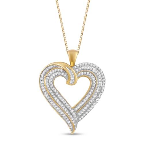 Jewelili 10K Yellow Gold Jewelry | Diamond Heart Pendant Necklace for Women