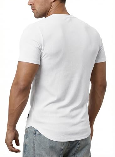 JMIERR Men's Muscle Slim Fit T-Shirt V Neck Hipster Longline White Henley Shirt Short Sleeve Gym Workout Athletic Fitted Tees Shirts for Men,US 43(L)