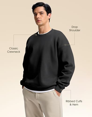 Soothfeel Mens Fleece Lined Crewneck Sweatshirt Cotton Pullover Sweater Athletic Workout Casual Oversized Warm Shirts for Men Black M
