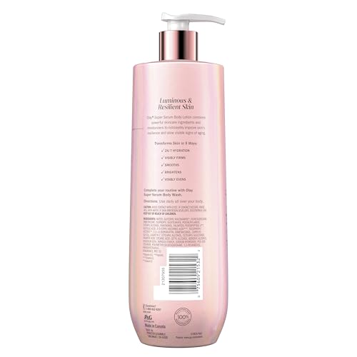 Olay Super Serum Hand & Body Lotion for Dry Skin, 24hr Long Lasting Hydration, 5+ Ingredient Complex for Bright Even Firm Luminous Skin, Sweet Vanilla & Soft Wood Scent, 18.5 fl oz
