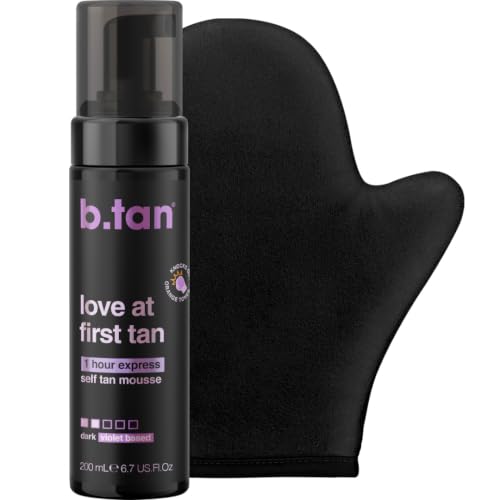 b.tan Violet Self Tanner Kit | Fall In Love at First Tan Bundle - Dark Tanning Mousse with Mitt Applicator, 1 Hour Express, Best Bronzing Glow, No Orange Tones or Fake Tan Smell, Vegan, 6.7 Fl Oz
