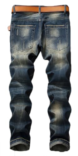 Enrica Men's Straight Slim Fit Ripped Distressed Jeans with Embroidered Patches Pants, Blue 0795, 38
