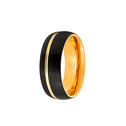 Yellow Gold Tungsten Rings for Men Wedding Band with Offset 14K Golden Groove Inlay 8mm Unique Domed Black Comfort Fit Anniversary Gifts for Him