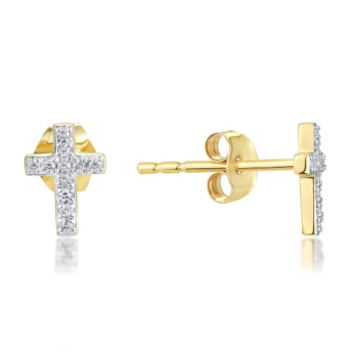 Santuzza 10K Yellow Solid Gold Cross Shape Genuine Diamond Stud Earrings