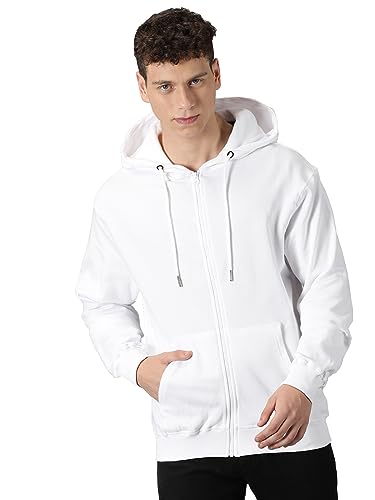 Klizzer Luxury Mens Zip Up Hoodie of Cotton Fleece Heavyweight sweatshirt hoodie (White, XL)