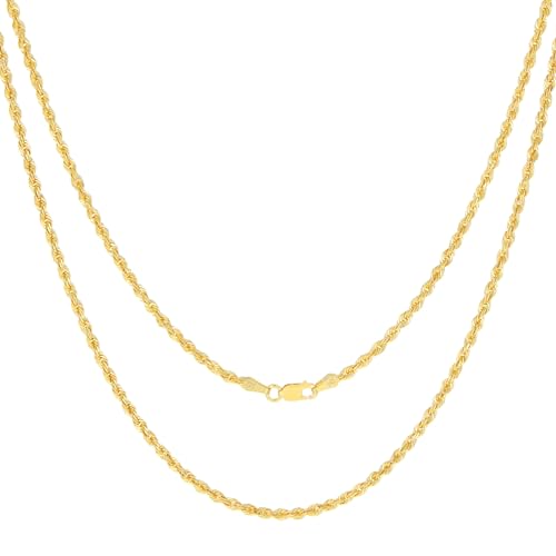 Nuragold 14k Real Yellow Gold Rope Chain Solid Diamond Cut Necklace - 2.5mm - 18"