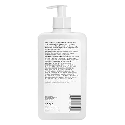 Amazon Basics Foaming Facial Cleanser with Ceramides & Hyaluronic Acid, Gentle Daily Face Wash, Non-Comedogenic, Fragrance-Free, 12 fl oz