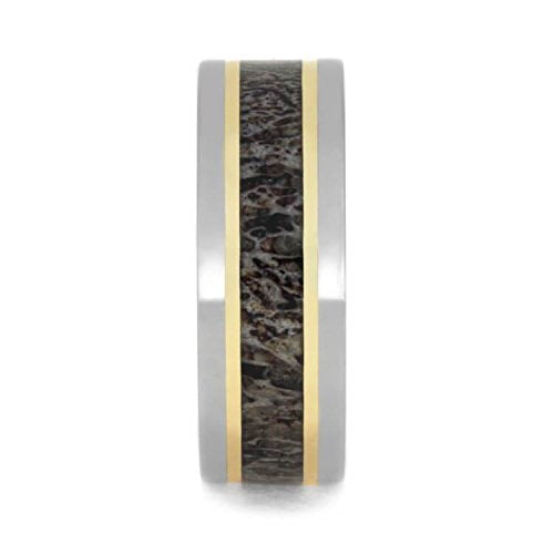 The Men's Jewelry Store (Unisex Jewelry) Deer Antler, 14k Yellow Gold Stripes 8mm Titanium Comfort-Fit Band Size 5.25