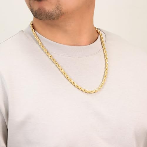 Nuragold 14k Real Yellow Gold Rope Chain Diamond Cut Mens Necklace - 7mm - 24"
